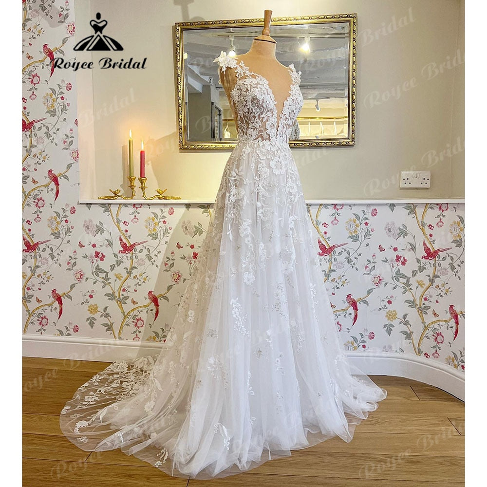 Roycebridal Vestidos Civil Bridal Floral Lace Wedding Dress Beach 2023 Luxury Boho Bridal Gowns Deep V Neck sukienka na wesele