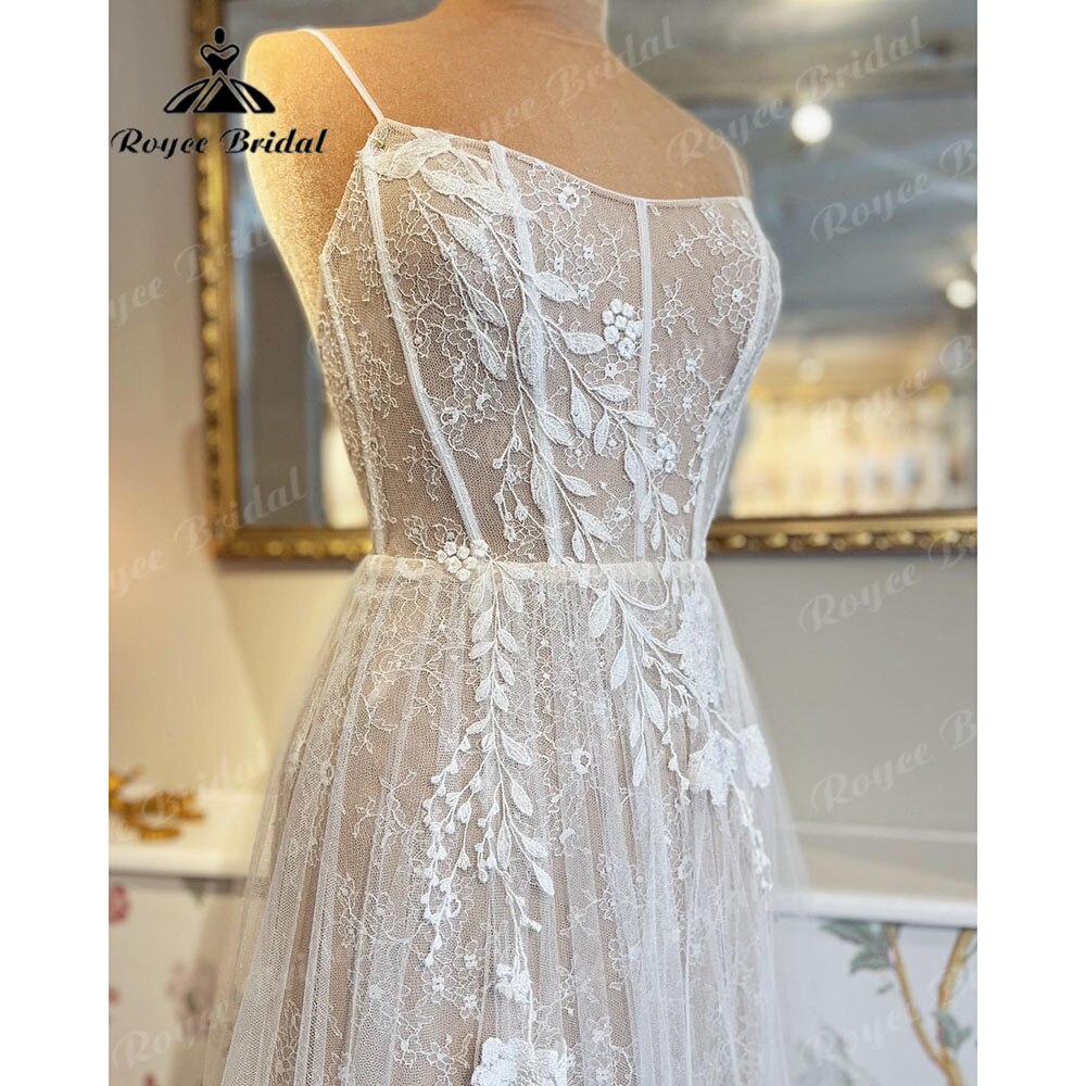Roycebridal Vintage Lace Appliques Boho Beach Women Wedding Dress 2023 Bridal Gowns Open Back Spaghetti Straps robe de marie