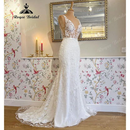 Roycebridal Vintage Lace Floral Mermaid/Trumpet Women Wedding Dress with Deep V Neck 2025 Wedding Gowns for Bridal robe de marie