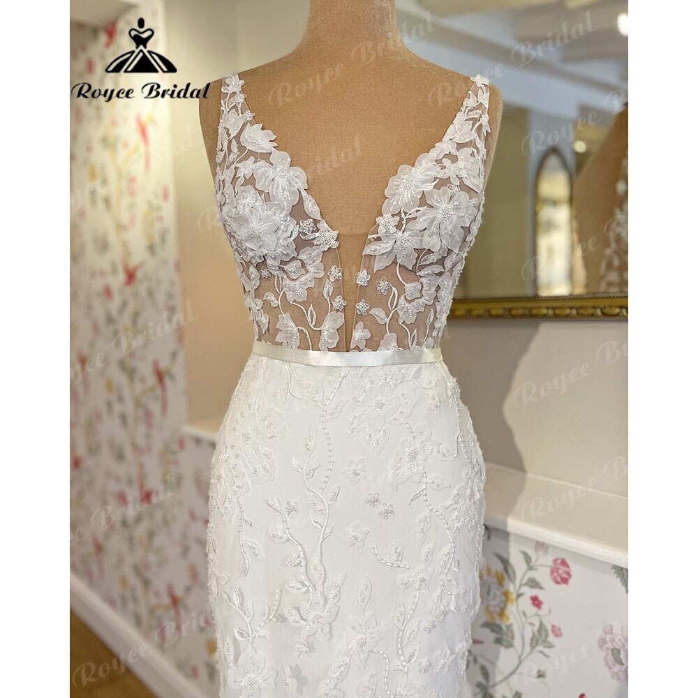 Roycebridal Vintage Lace Floral Mermaid/Trumpet Women Wedding Dress with Deep V Neck 2023 Wedding Gowns for Bridal robe de marie