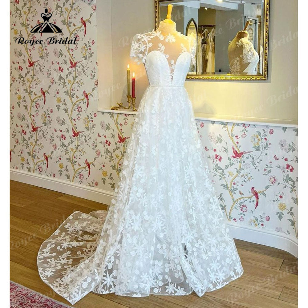 Roycebridal Vintage Vestidos Wedding Dress for Women 2023 Boho Bridal Beach Wedding Gowns Cap Short Sleeves Luxury sukienka