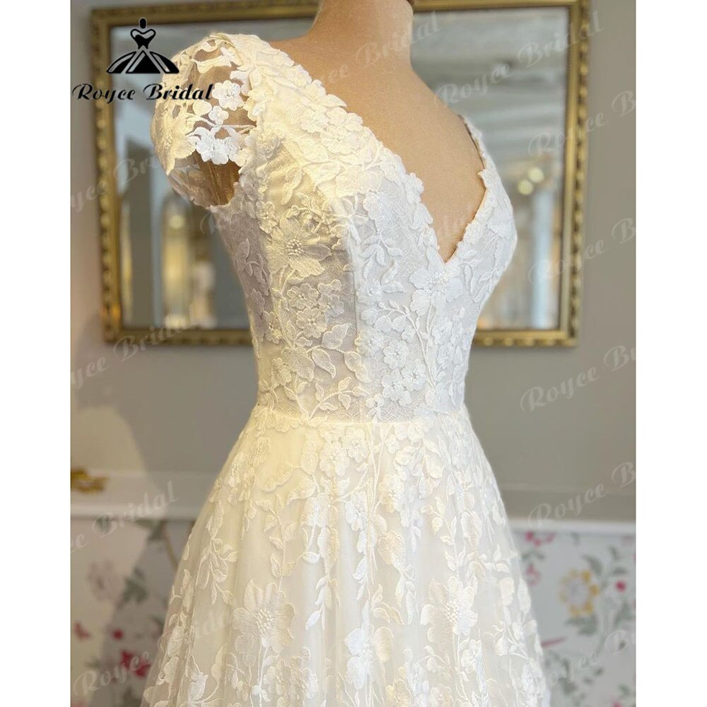 Roycebridal vestidos Full Lace A Line Boho Wedding Dress with Detachable Short Sleeve 2023 Bridal Gown robe de soirée de mariage