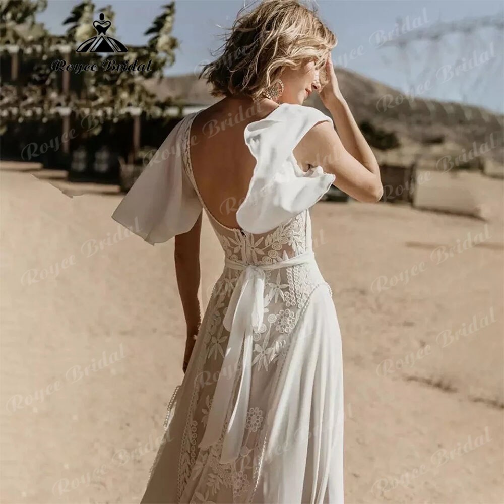 Sexy Boho V Neck Lace Short Sleeve Chiffon Bohemian Beach Women Wedding Dress 2023 Bridal Gowns vestido de novia playa Backless