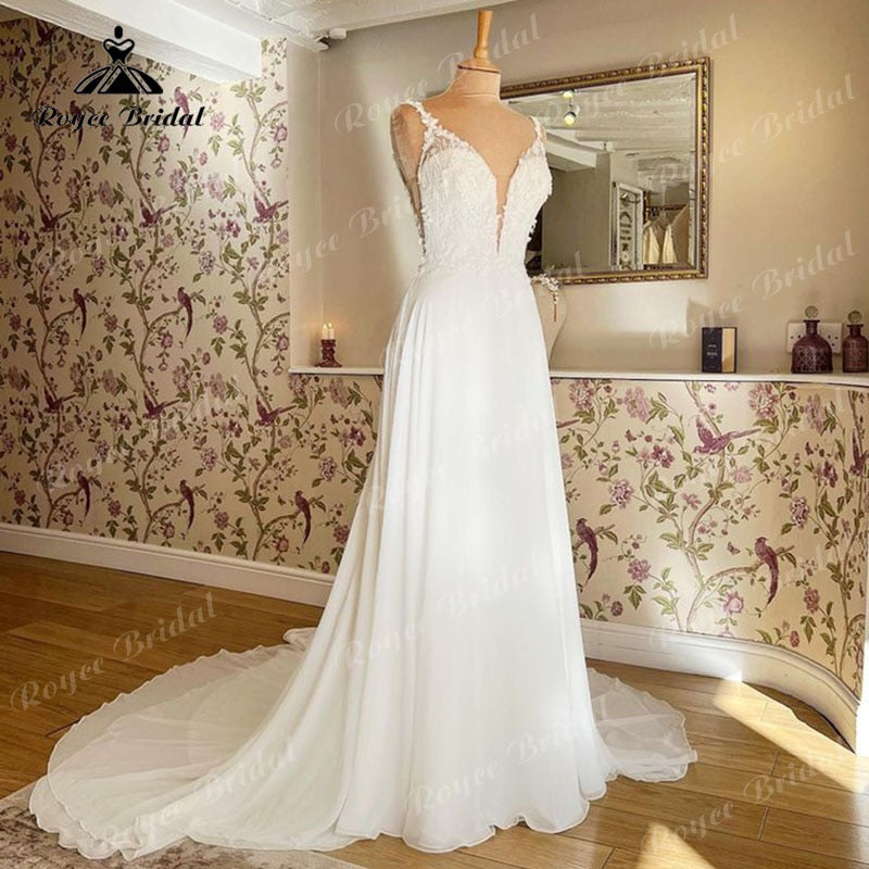 Roycebridal Spaghetti Straps Beach Wedding Dress Deep V Neck Lace Applique Chiffon A Line Bridal Gowns Vintage Vestido De Novia Roycebridal