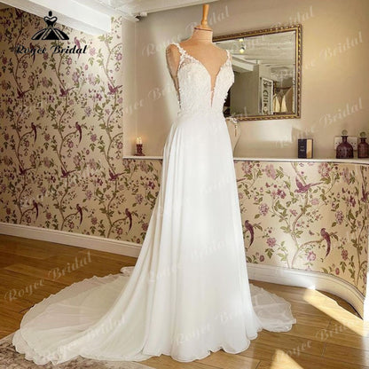 Roycebridal Spaghetti Straps Beach Wedding Dress Deep V Neck Lace Applique Chiffon A Line Bridal Gowns Vintage Vestido De Novia Roycebridal