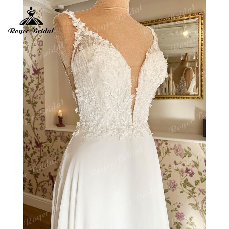Roycebridal Spaghetti Straps Beach Wedding Dress Deep V Neck Lace Applique Chiffon A Line Bridal Gowns Vintage Vestido De Novia Roycebridal