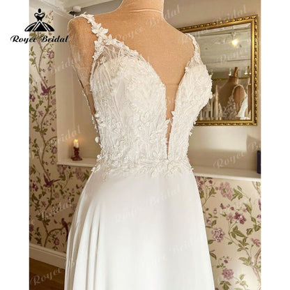 Roycebridal Spaghetti Straps Beach Wedding Dress Deep V Neck Lace Applique Chiffon A Line Bridal Gowns Vintage Vestido De Novia Roycebridal