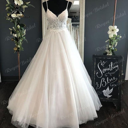 Spaghetti Straps Wedding Dress with Detachable Bow V Neck Lace Bodice  Backless Bestidos de Novia Elegant Bridal Boho Bridal