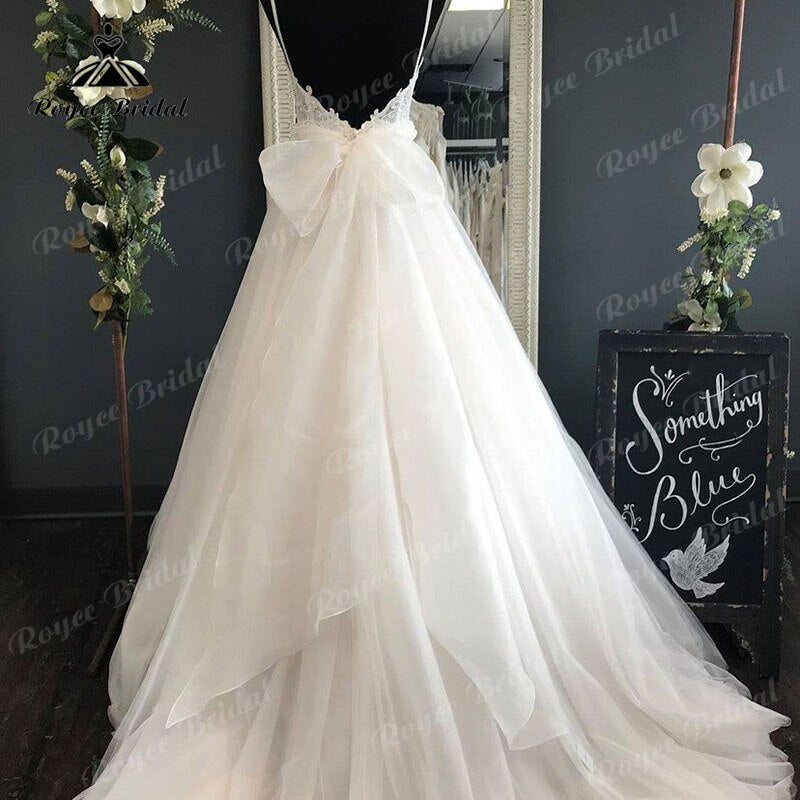 Spaghetti Straps Wedding Dress with Detachable Bow V Neck Lace Bodice  Backless Bestidos de Novia Elegant Bridal Boho Bridal