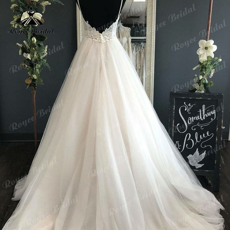 Spaghetti Straps Wedding Dress with Detachable Bow V Neck Lace Bodice  Backless Bestidos de Novia Elegant Bridal Boho Bridal