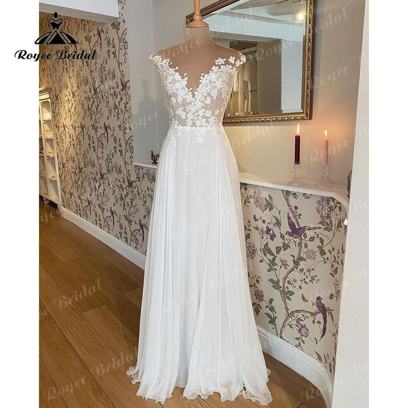 Stunning Robes de Mariage Boho Wedding Dress V Neck Cap Sleeve Lace Chiffon 2022 Vestido Civil Beach Wedding Gown hochzeitskleid