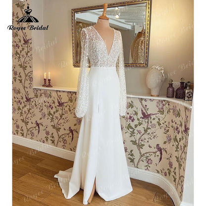 Sukienka Vintage Lace Bodice Satin Wedding Dress with V Neck Open Back Long Puff Split Side Wedding Gowns Vestido Novia