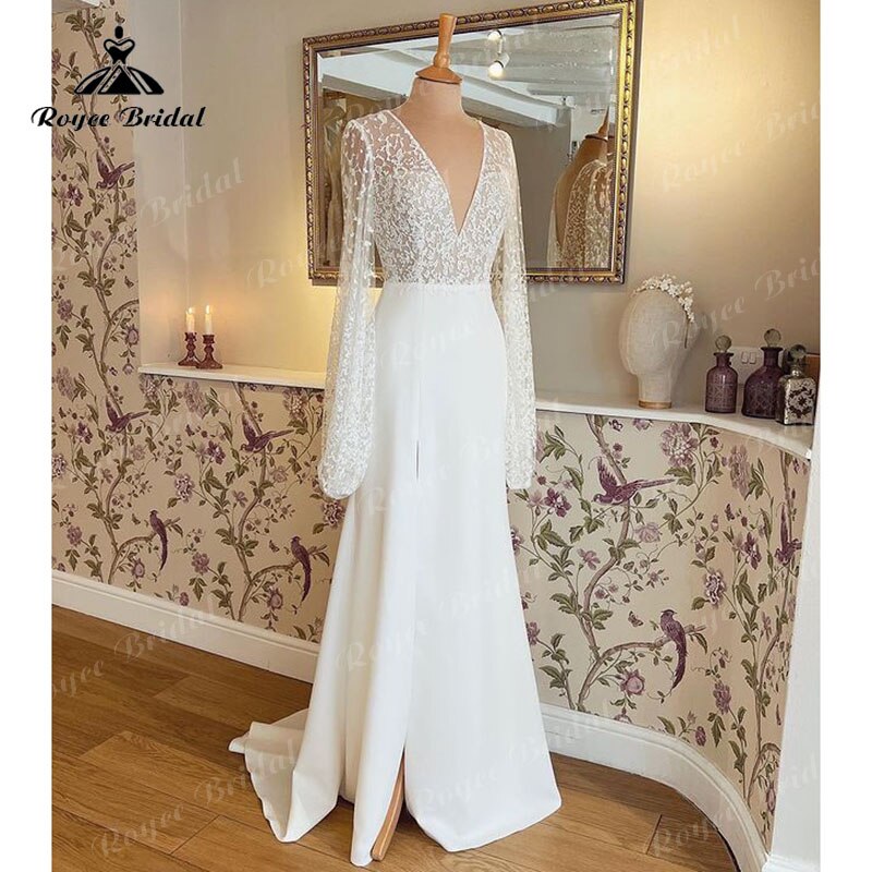 Sukienka Vintage Lace Bodice Satin Wedding Dress with V Neck Open Back Long Puff Split Side Wedding Gowns Vestido Novia 2022