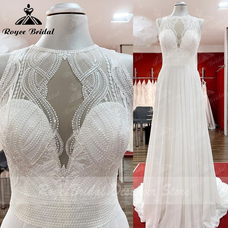 2023 Beach Wedding Dress Lace Bodice Chiffon A Line Sleeveless Open Back Custom Made Bridal Gown Robe De Mariee Roycebridal