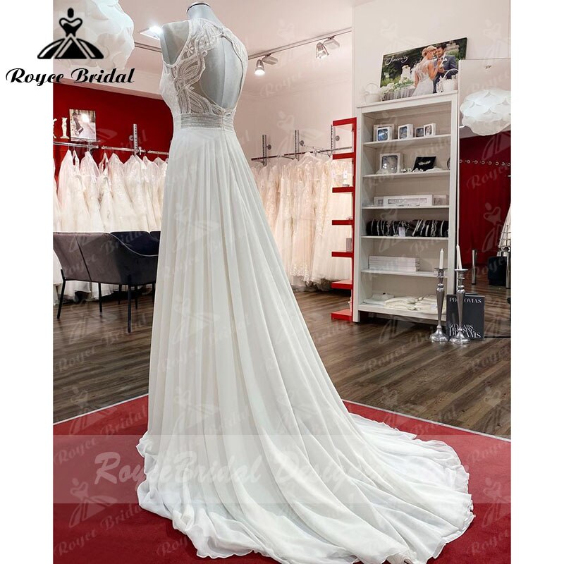 2023 Beach Wedding Dress Lace Bodice Chiffon A Line Sleeveless Open Back Custom Made Bridal Gown Robe De Mariee Roycebridal