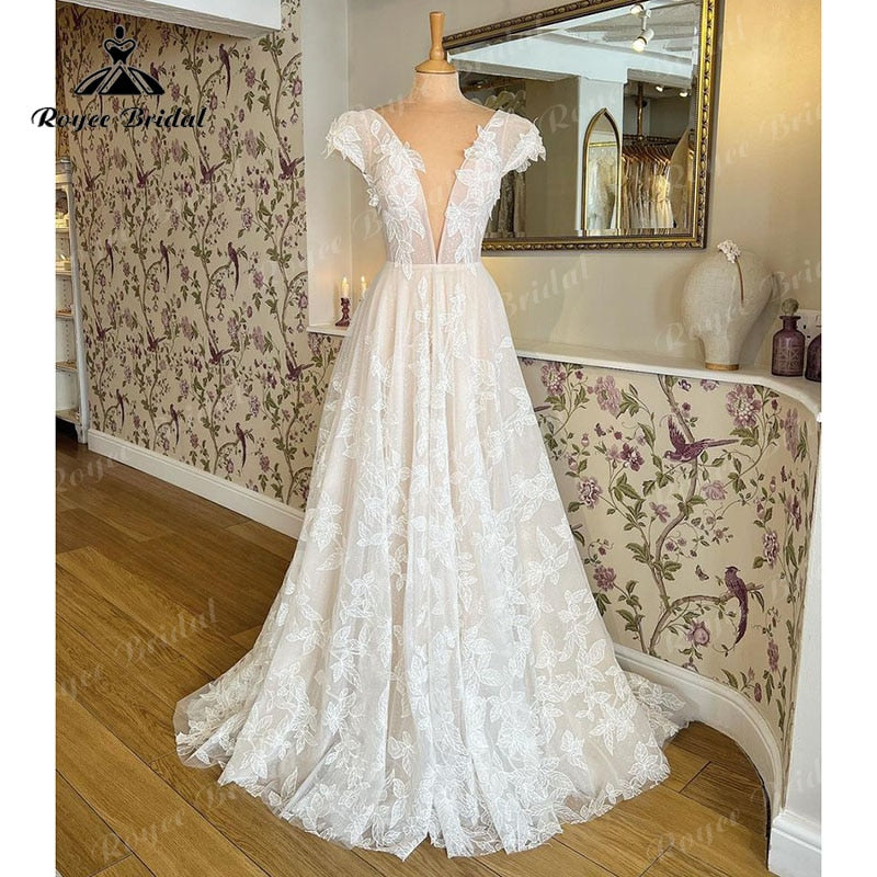 Trouwjurk Gorgeous A Line Wedding Dress Cap Sleeve Lace Appliqued Deep V Neck Blush Pink Bridal Gowns For Women Robe De Mariée