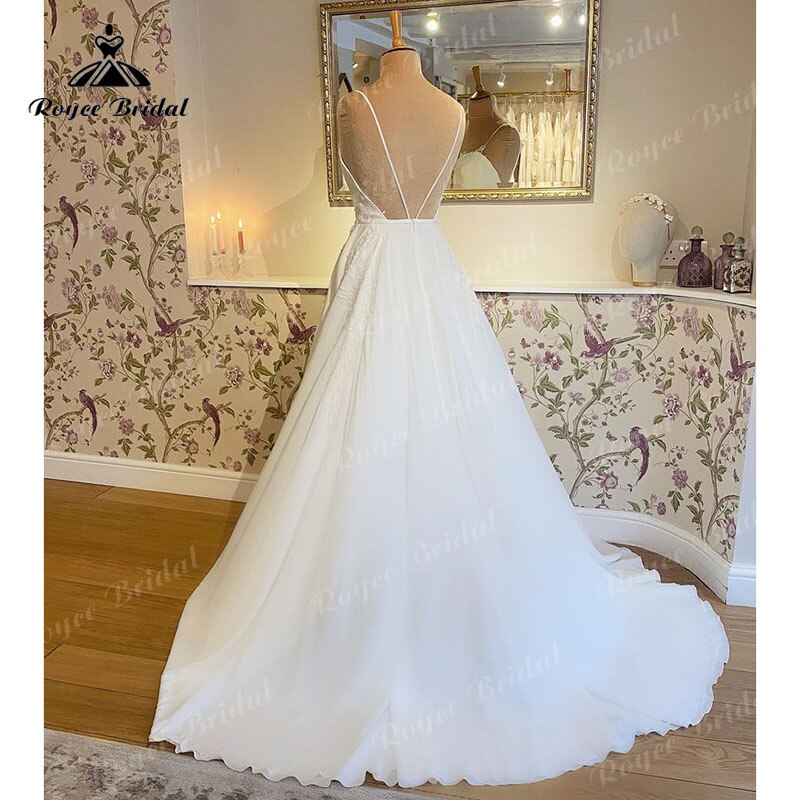 Trouwjurk Simple A Line Spaghetti Straps Wedding Dress Deep V Neck Open Back Lace Customized Civil Bridal Gown Vestidos de Novia