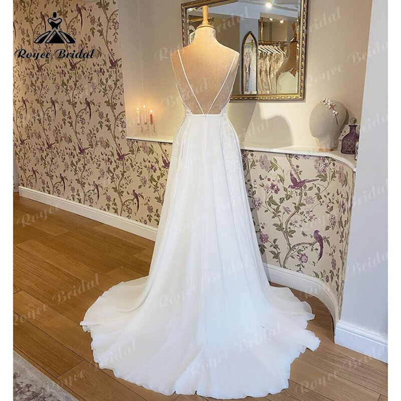 Trouwjurk Simple A Line Spaghetti Straps Wedding Dress Deep V Neck Open Back Lace Customized Civil Bridal Gown Vestidos de Novia