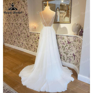 Trouwjurk Simple A Line Spaghetti Straps Wedding Dress Deep V Neck Open Back Lace Customized Civil Bridal Gown Vestidos de Novia