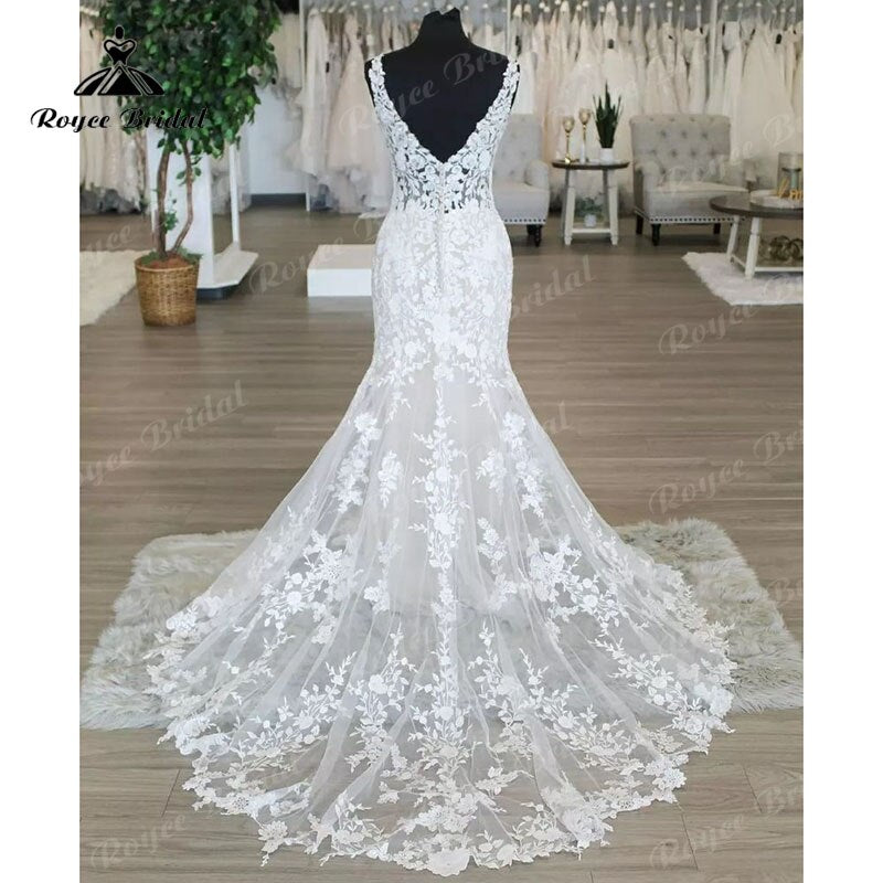 V Neck Lace Sleeveless Mermaid/Trumpet Boho Wedding Dress Appliques Open Back Sweep Train 2023 Wedding Gowns vestidos de novia
