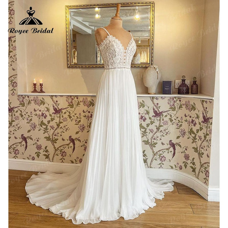 V Neck Wedding Dress Lace Bodice Spaghetti Straps Boho Runched Chiffon 2023 Robe Civil Bridal A Line Beach Summer Wedding Gowns