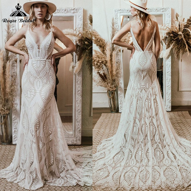 2024 Bohemian Wedding Dress V Neck Lace Boho Spaghetti Straps Backless Beach Bridal Gowns