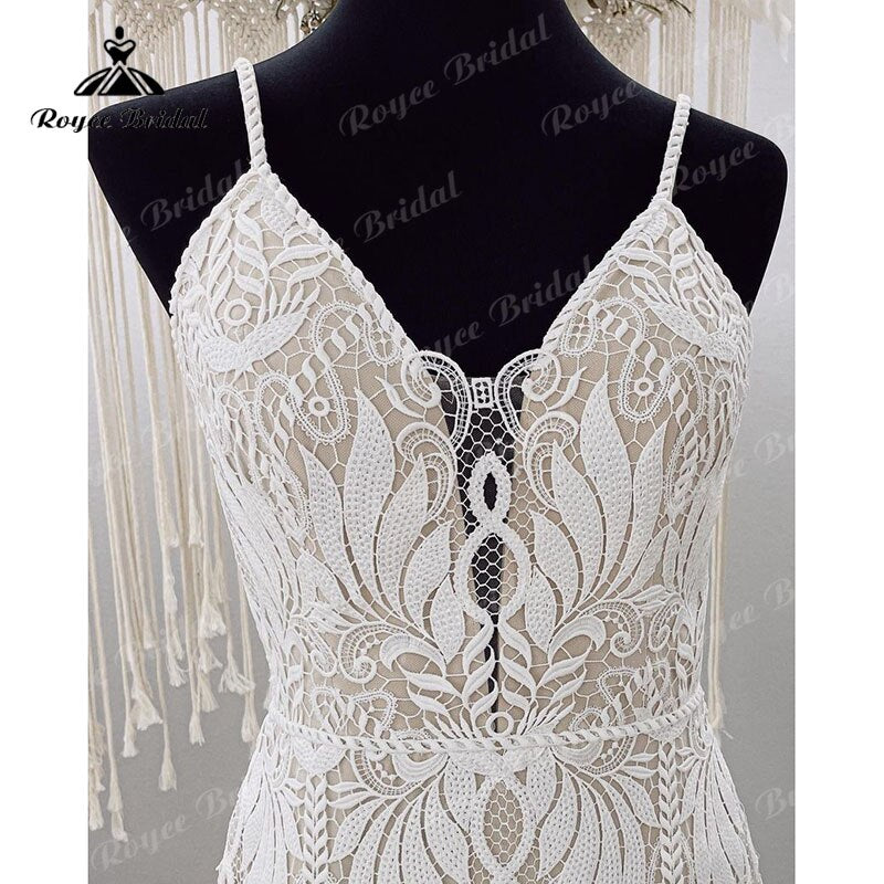 2023 Boho Spaghetti Straps Wedding Dress for Women Lace Backless Mermaid Trumpet Bridal V Neck vestido de boda corte sirena