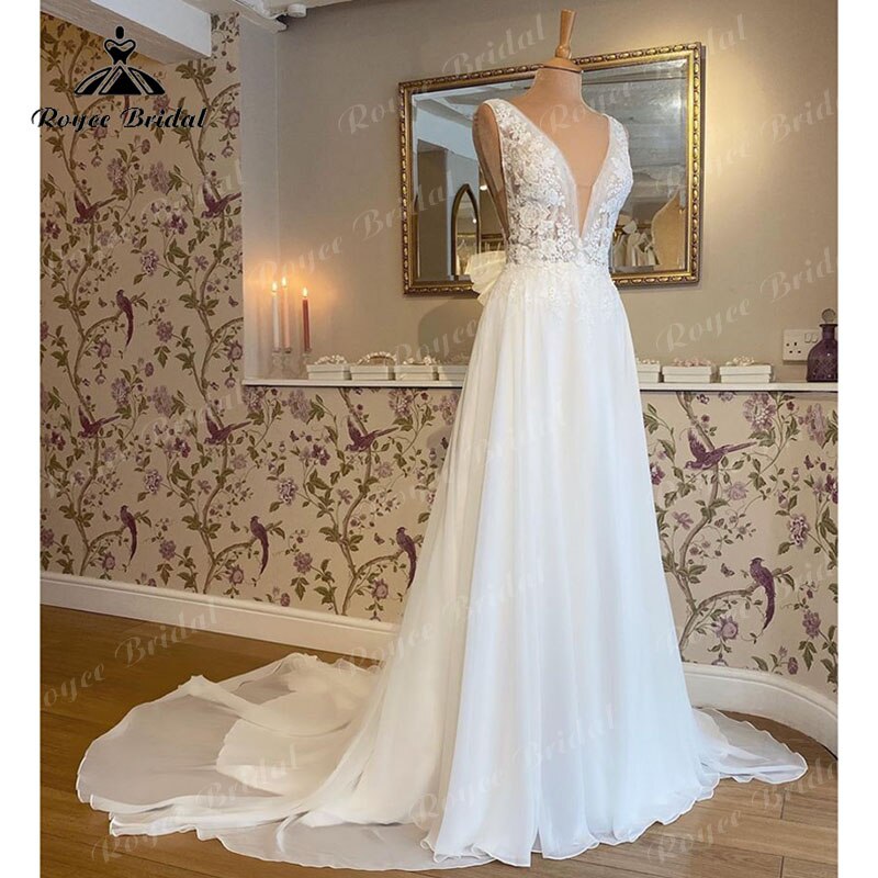 Romantic Lace Top Chiffon Backless Boho Wedding Dress A Line Bridal Dr –  SELINADRESS