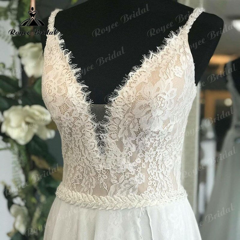 Vestido Novia Women Boho Wedding Dress with V Neck Lace Bodice Chiffon Backless Bridal Gown Beach Wedding Gowns Spaghetti Straps