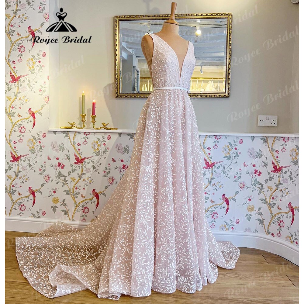 Vestidos Novia Sparkly Pink Floral Lace Boho Sleeveless A Line Wedding Dress 2023 Bridal Wedding Receipt Dinner Party Gowns