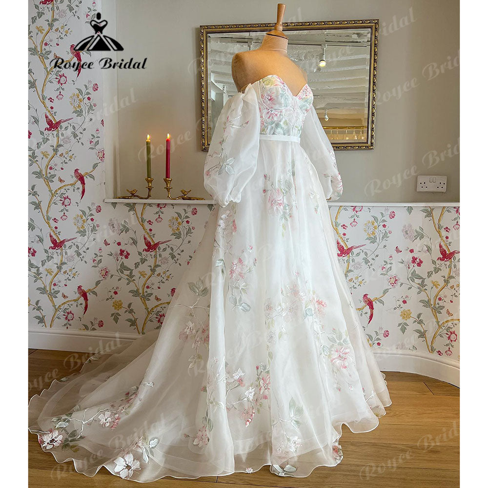 Vinatge Off Shoulder Princess Sweetheart Print Flower Wedding Dress with Detachable Long Puff Sleeve 2023 Wedding Party Dress