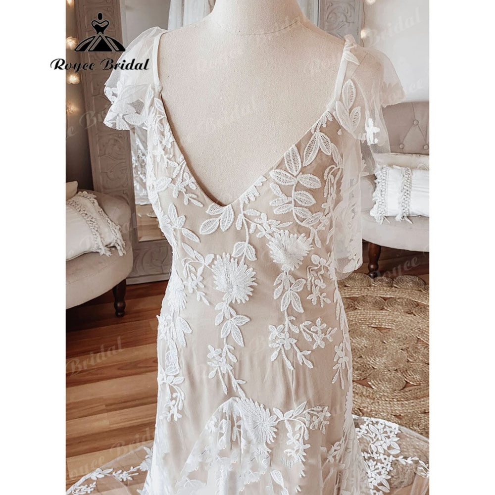 Vintage Behemian Boho Full Lace Backless Beach Wedding Dress with V Neck 2023 Bridal Gowns vestido de noiva simples Roycebridal