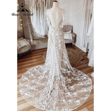 Vintage Behemian Boho Full Lace Backless Beach Wedding Dress with V Neck 2025 Bridal Gowns vestido de noiva simples Roycebridal