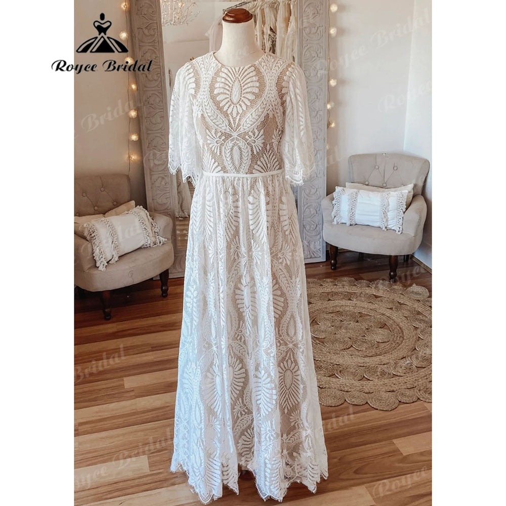 Vintage Bohemian Lace Boho Beach Open Back Women Wedding Dress with Sleeve 2023 Robe Mariee Bridal Gown Custom Made Floor Length