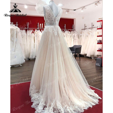 Vintage Boho Champagne Wedding Dress Lace Appliques V Neck Sleeveless Sweep Train Beach  Vestidos Elegant Birdal Civil Robe