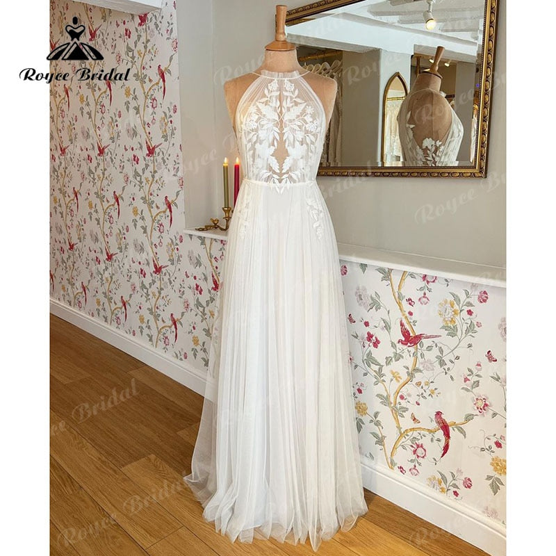 Vintage Lace Appliques Floor Length Tulle Halter Neck Wedding Dress A Line Beach 2023 Wedding Gowns Custom Made robe de mariage
