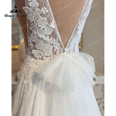 Vintage Sleeveless Beach Wedding Dress Deep V Neck Lace Floral Chiffon Backless Boho Bridal Gowns Vestido De Noiva Custom Made