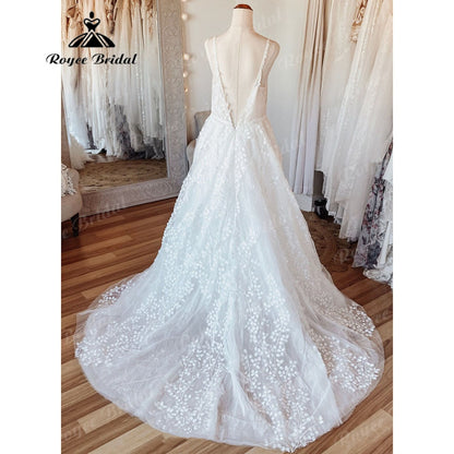 Vintage Women A Line Beach Lace Wedding Dress Open Back  Off White Wedding Gowns for Bride Brautkleider Roycebridal