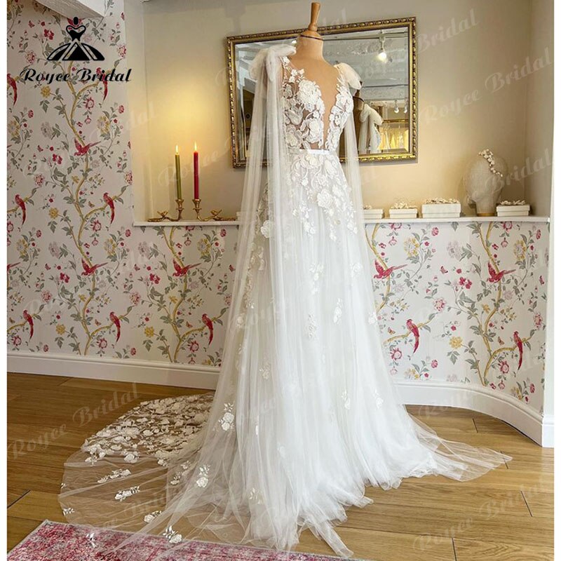 Wedding Dress with Cape Deep V Neck Lace Appliques Floral Sweep 2023 Birdal Civil Beach Wedidng Gowns vestidos de novia Elegant