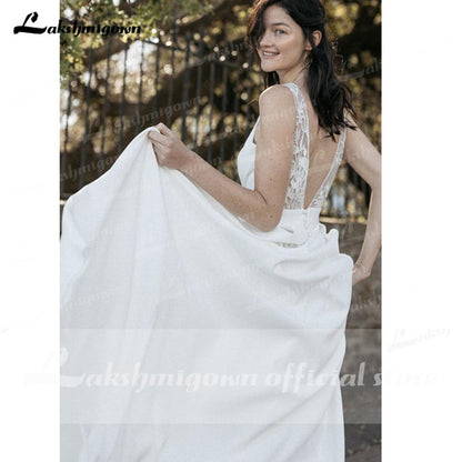 A Line Lace Sleeveless Beach Boho Romantic Wedding Dresses - ROYCEBRIDAL OFFICIAL STORE
