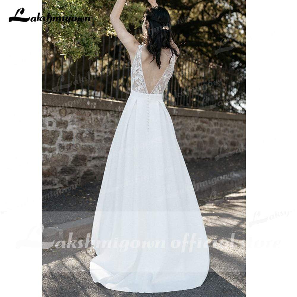A Line Lace Sleeveless Beach Boho Romantic Wedding Dresses