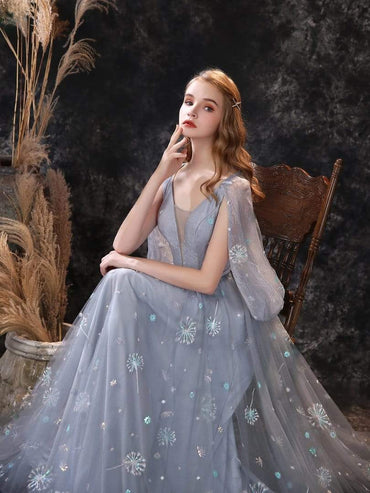 A Line Long Sleeve V Neck Lace Backless Light Blue Flowers Wedding Dresses - ROYCEBRIDAL OFFICIAL STORE