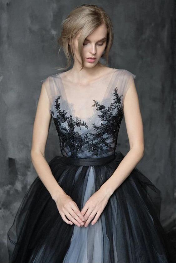 A-line Scoop Black Applique Soft Tulle Wedding Dress