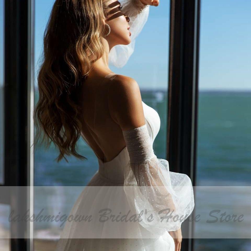 African White Satin Mermaid Wedding Dress 2 in 1Puffy Sleeves - ROYCEBRIDAL OFFICIAL STORE