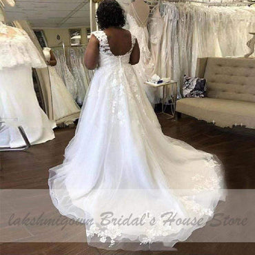 African White Wedding Dress Plus Size Lace Appliques Bridal Dress - ROYCEBRIDAL OFFICIAL STORE