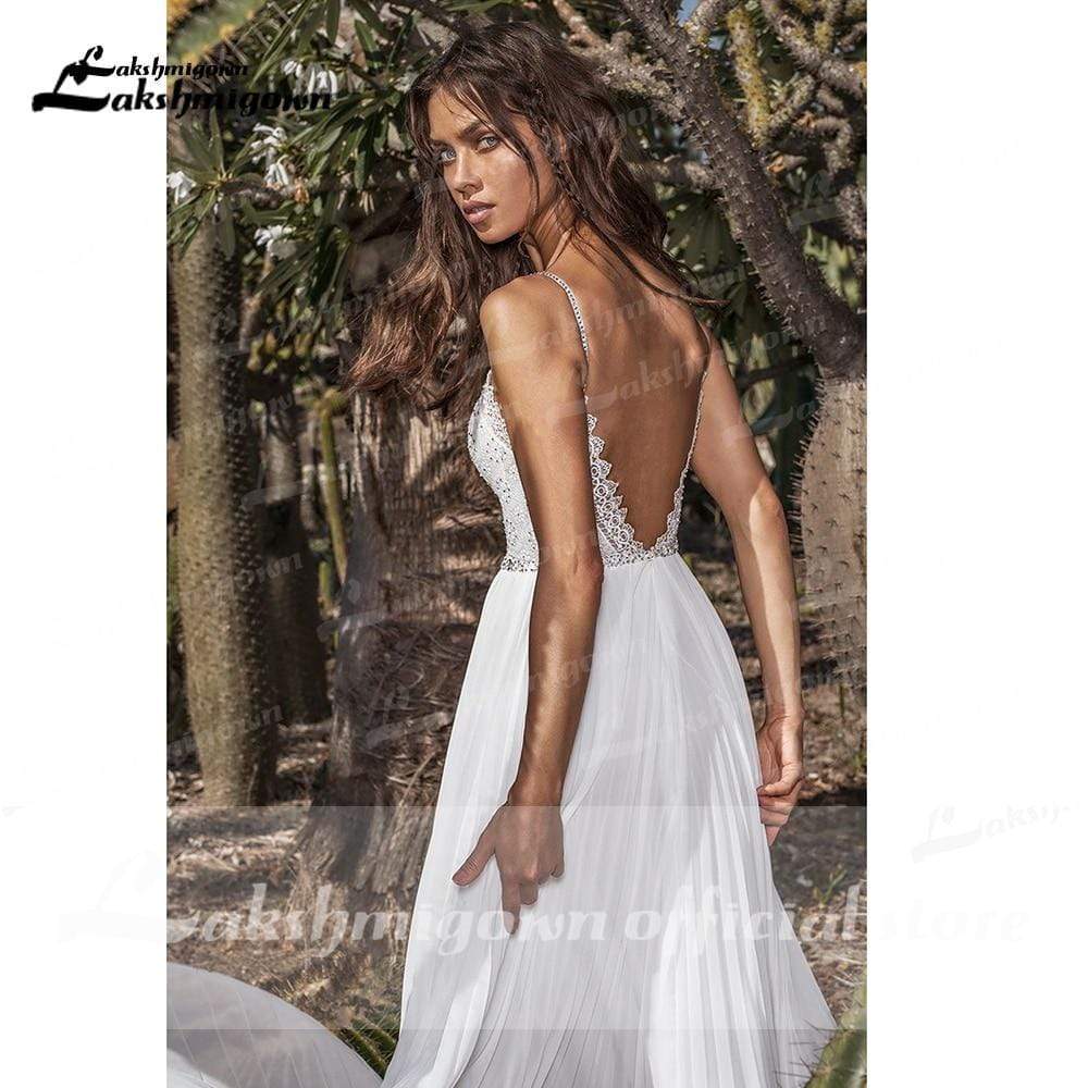 Back Open V Neck Lace Chiffon Wedding Dresses - ROYCEBRIDAL OFFICIAL STORE