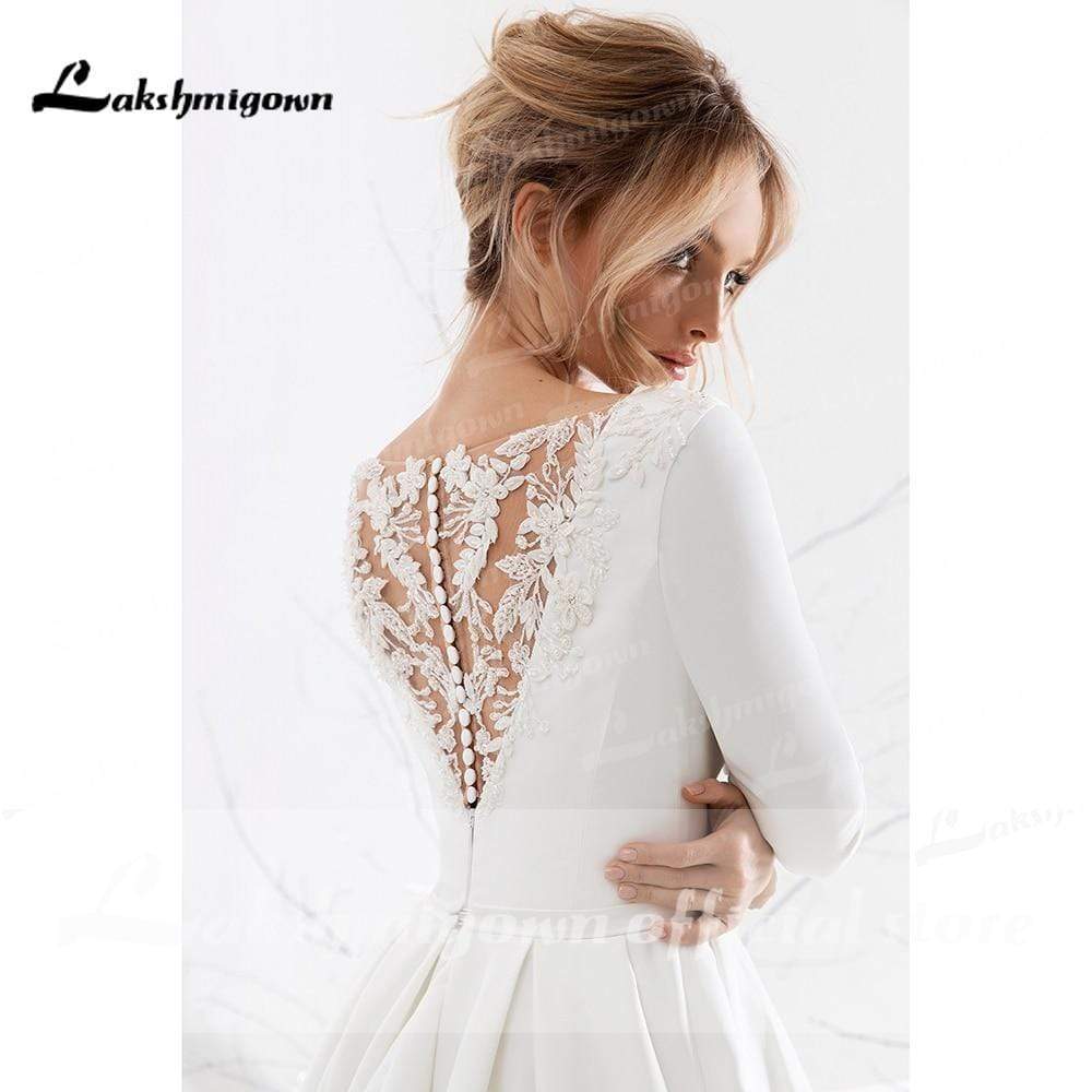 Backless O Neck Lace Beads Satin Simple Wedding Dresses - ROYCEBRIDAL OFFICIAL STORE