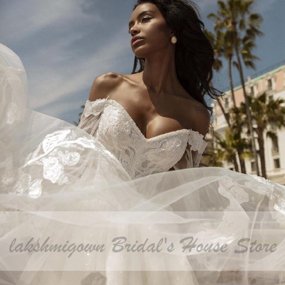 Beaded Off Shoulder Sweetheart Tulle Ball Gown Cathedral Bridal Dress -  Princessly