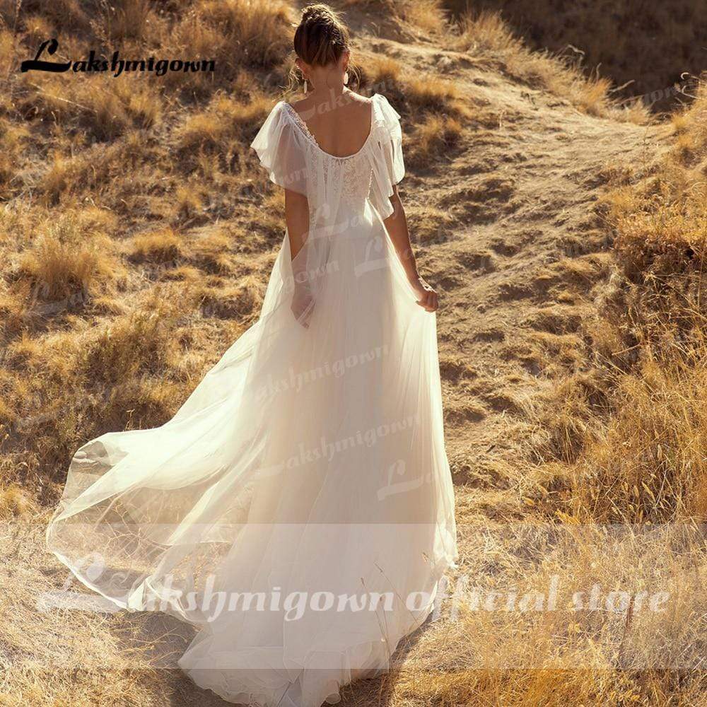 Beach Boho O Neck Lace Sleeveless Wedding Dresses - ROYCEBRIDAL OFFICIAL STORE