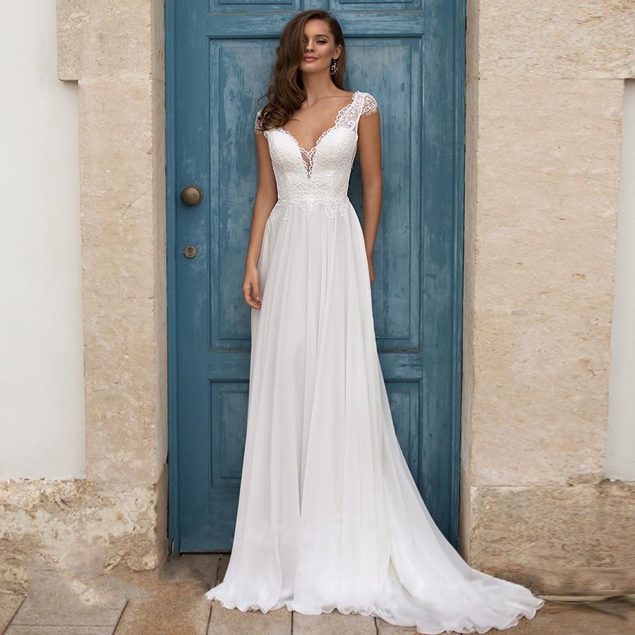 White/Ivory Beach Wedding Dresses Plus Size Cap Sleeve V-neck Top Lace A-line Chiffon Robe De Mariage Boho Wedding Dress